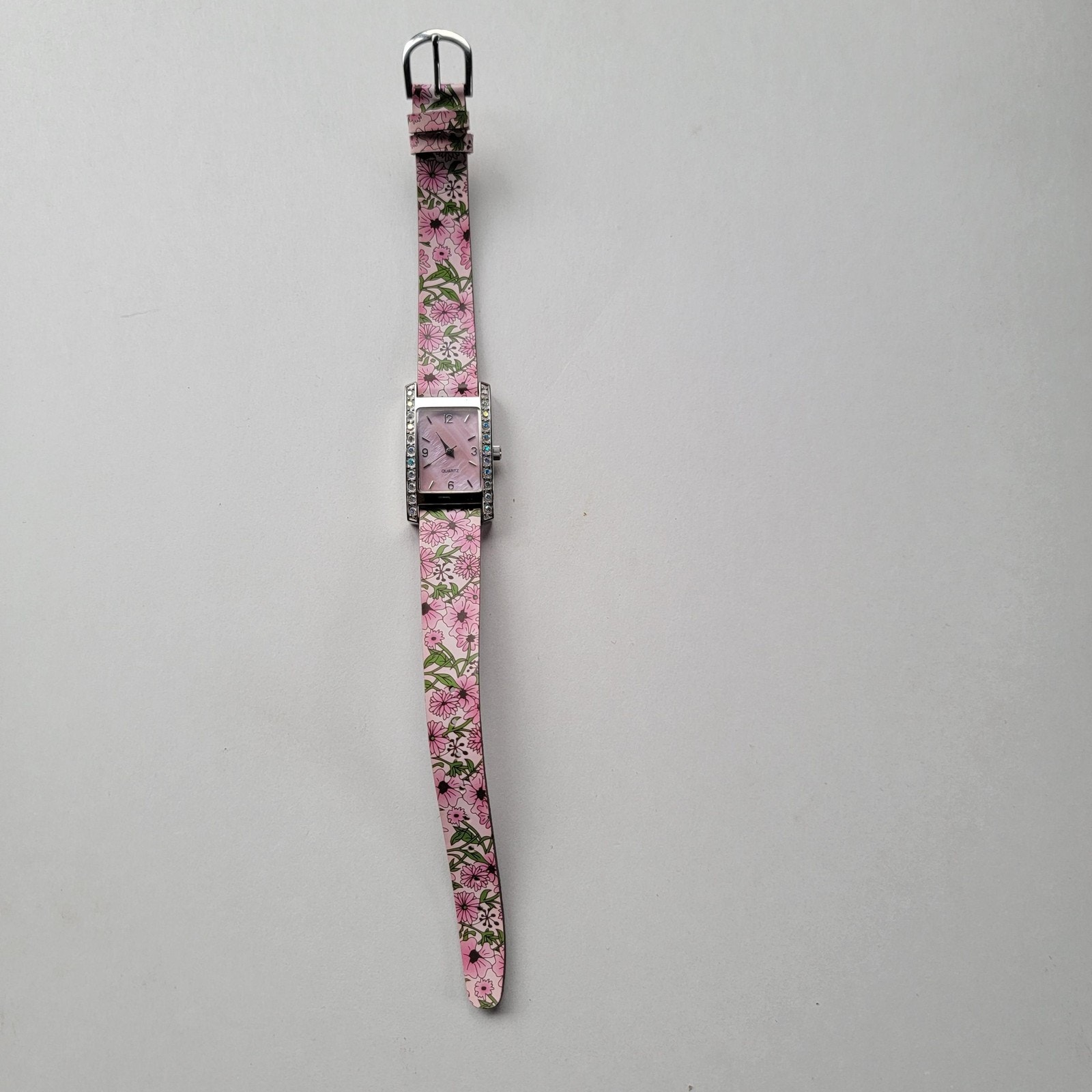Womens Wristwatch Pink Floral Quartz Gemmed Rectangular Pink Dial Faux Leather